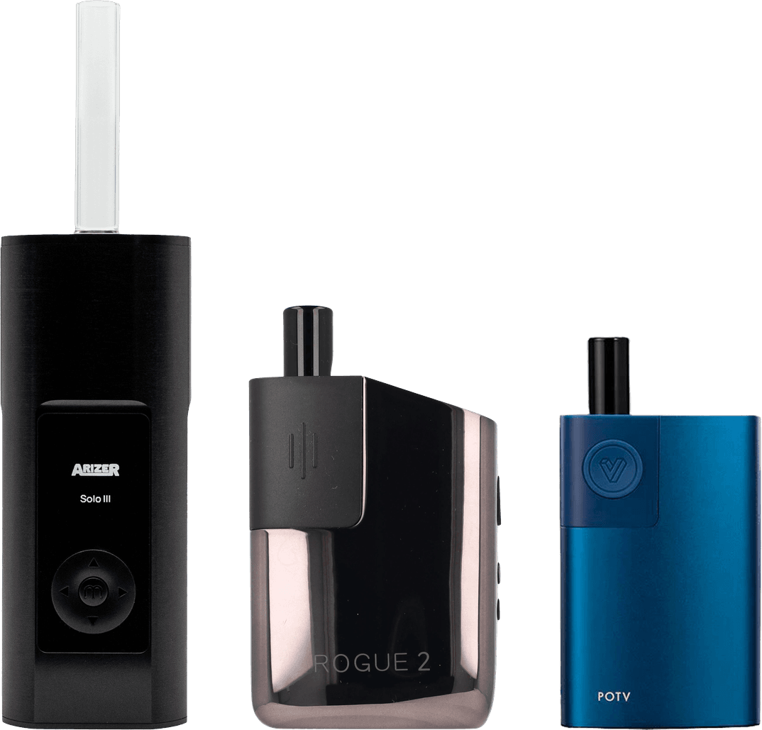 Arizer Solo 3, Healthy Rips Rogue 2, and POTV Lobo lined up in a three-way size comparison