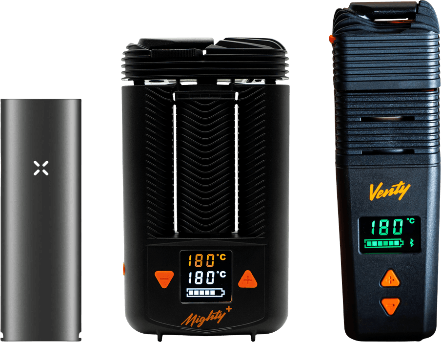 Mighty+, PAX 4, and Venty lined up in a three-way size comparison
