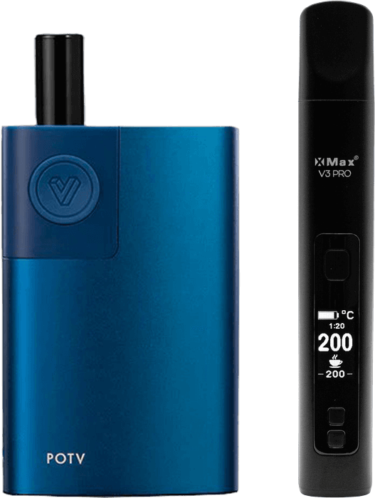A blue POTV Lobo with its mouthpiece fitted, standing next to a black XMax V3 Pro
