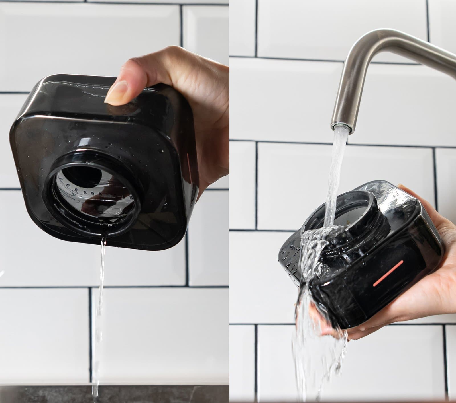 Glastank des AirVape Enso wird geleert und danach unter dem Wasserhahn ausgespült