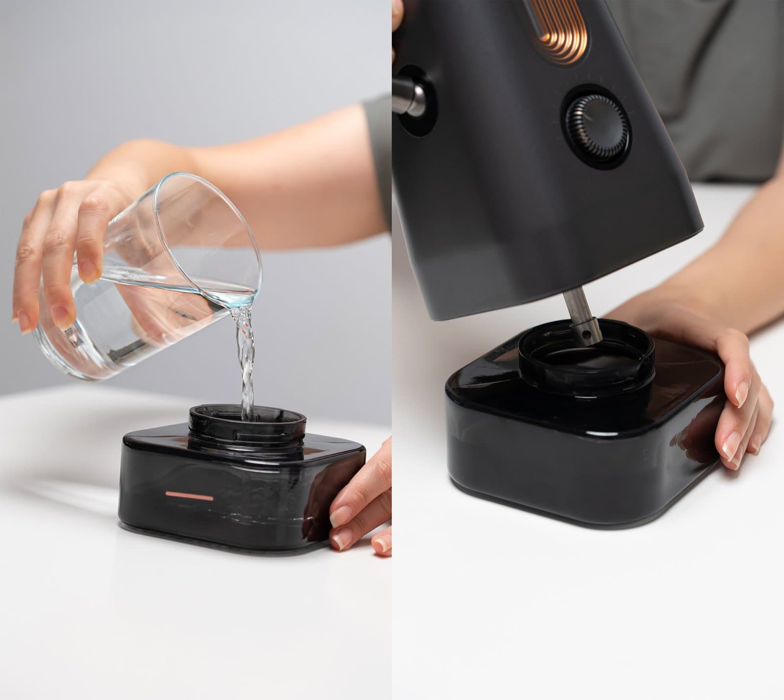 Wasser wird in den Glastank des AirVape Enso gegossen, danach wird das Gehäuse aufgesetzt