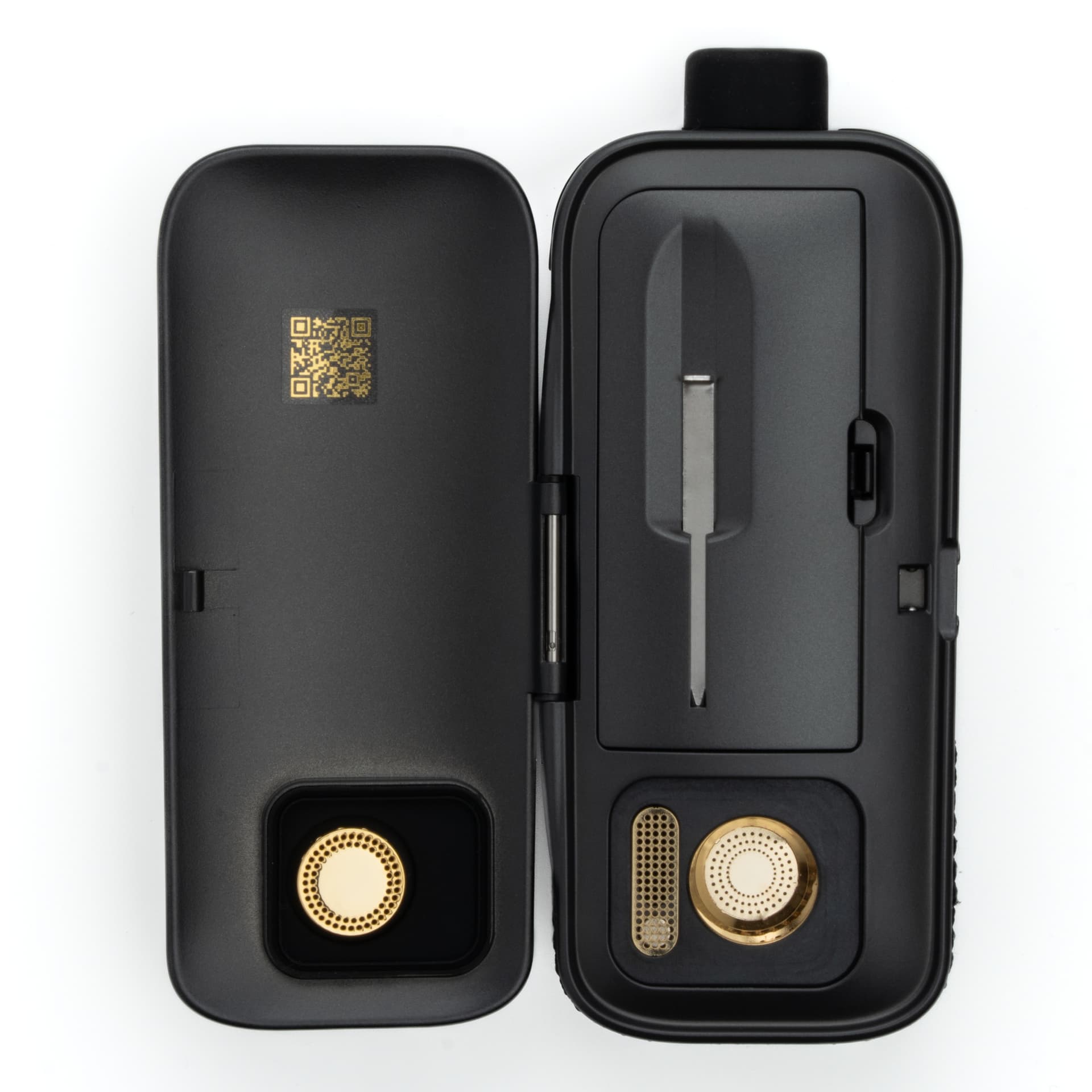 AirVape Legacy Pro 2 clamshell open from above showing recessed loading chamber and hinge