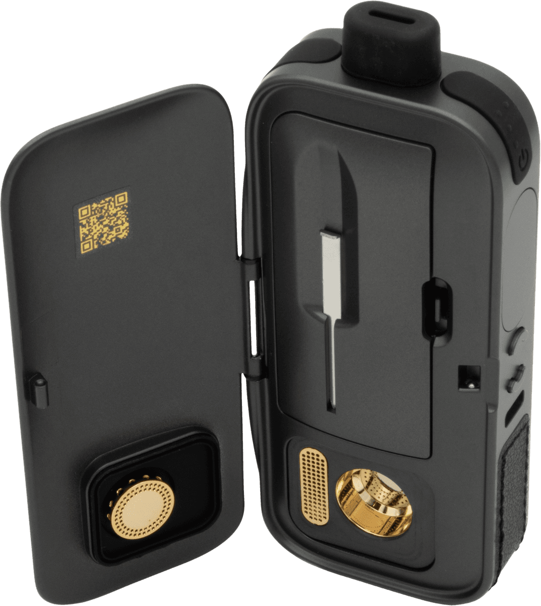 AirVape Legacy Pro 2 clamshell lid open showing chamber access and latch mechanism