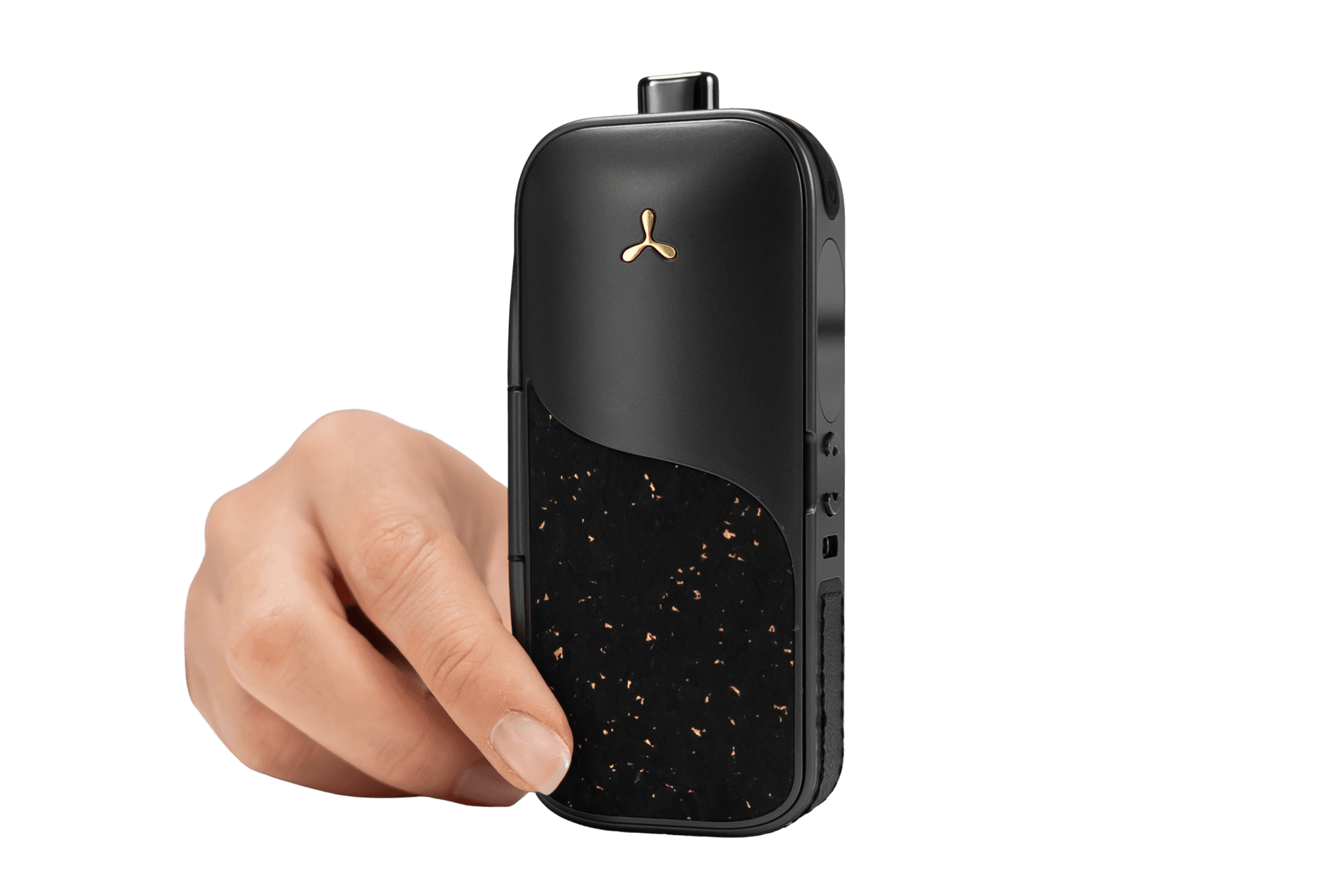 Hand holding AirVape Legacy Pro 2 upright showing cork texture and gold logo