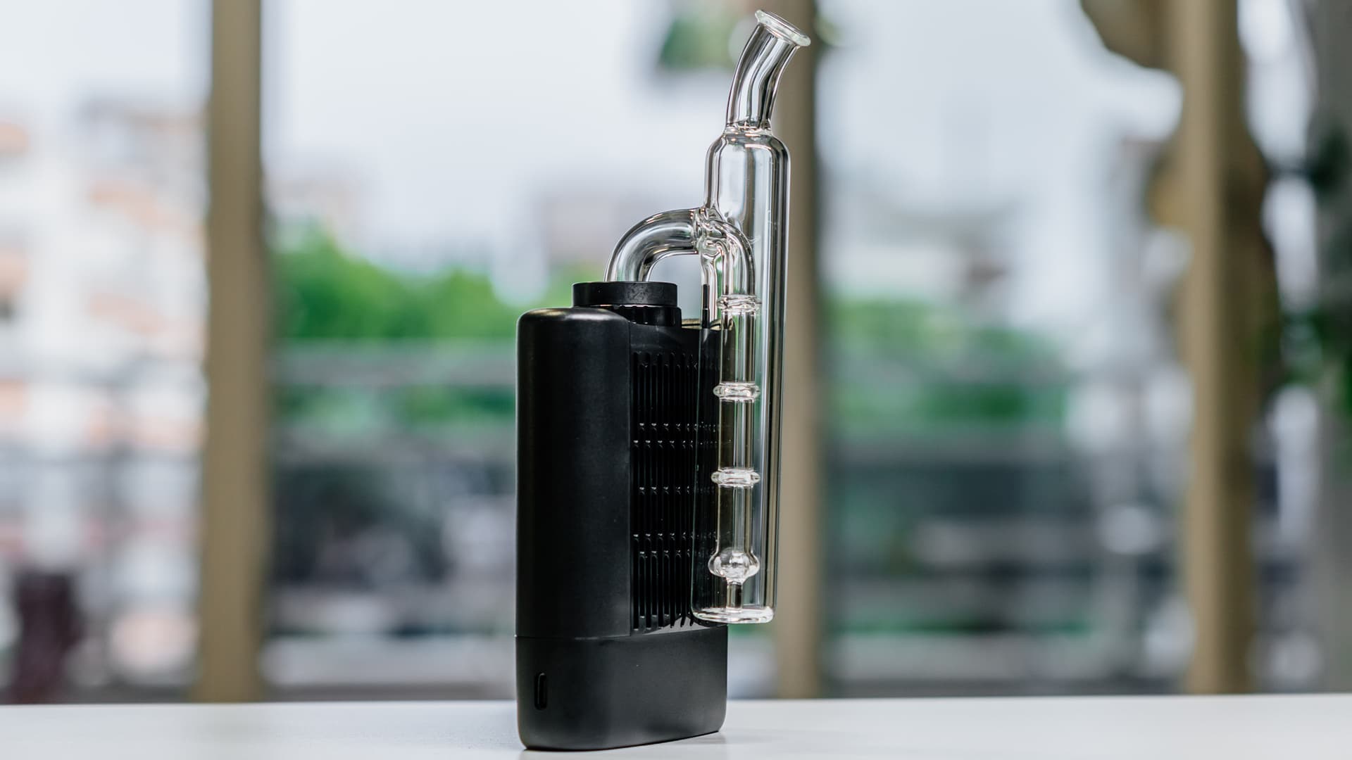 Angus Enhanced with glass side bubbler attachment connected showing the full setup on a surface
