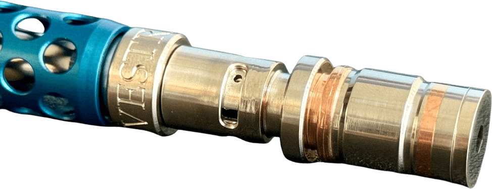 Close-up of the Vestratto Anvil CopperCore thermal battery section showing copper heat-transfer rings and airflow ports