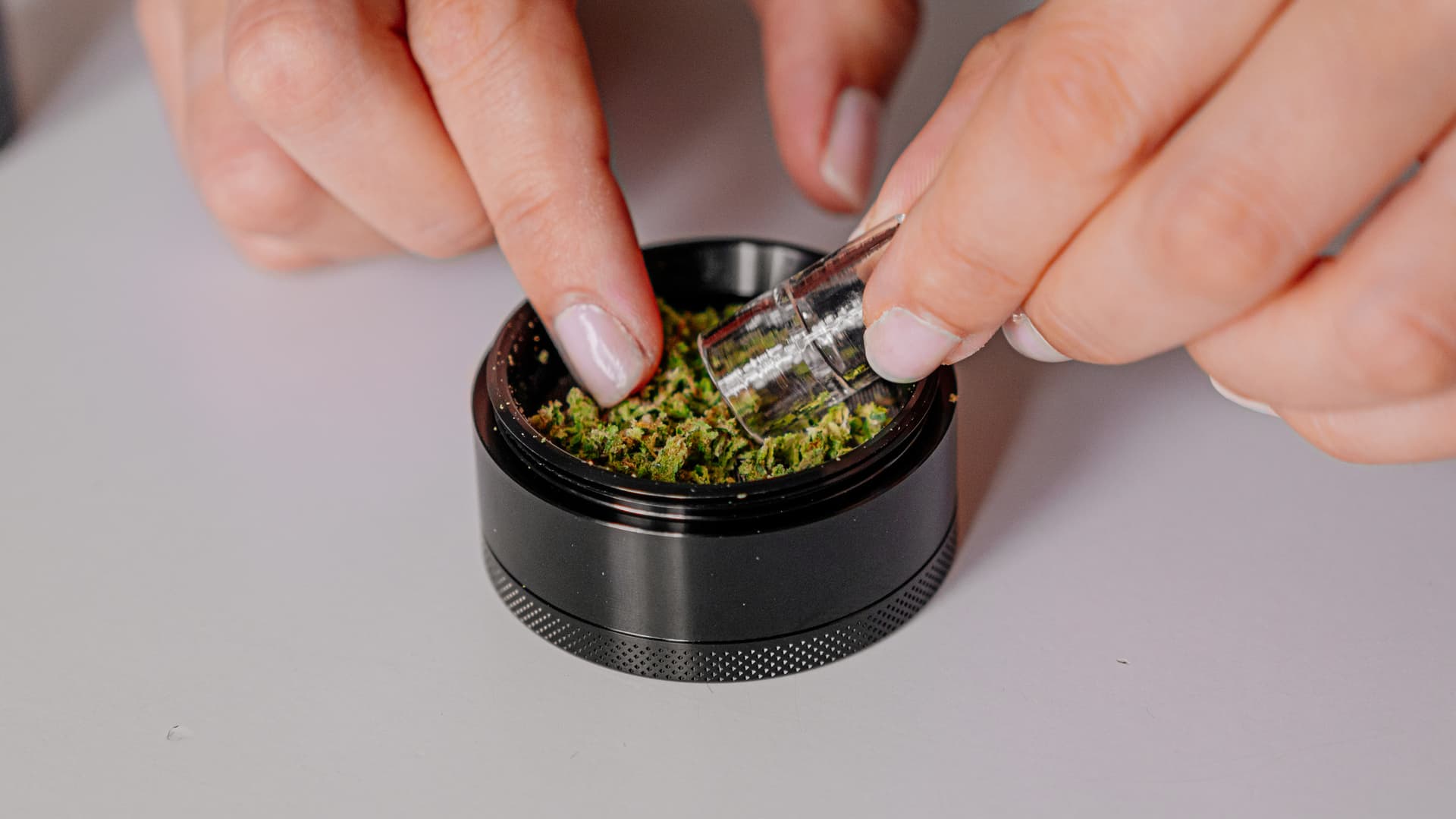 Scooping ground cannabis into the Arizer Air Max borosilicate glass aroma tube directly from the grinder