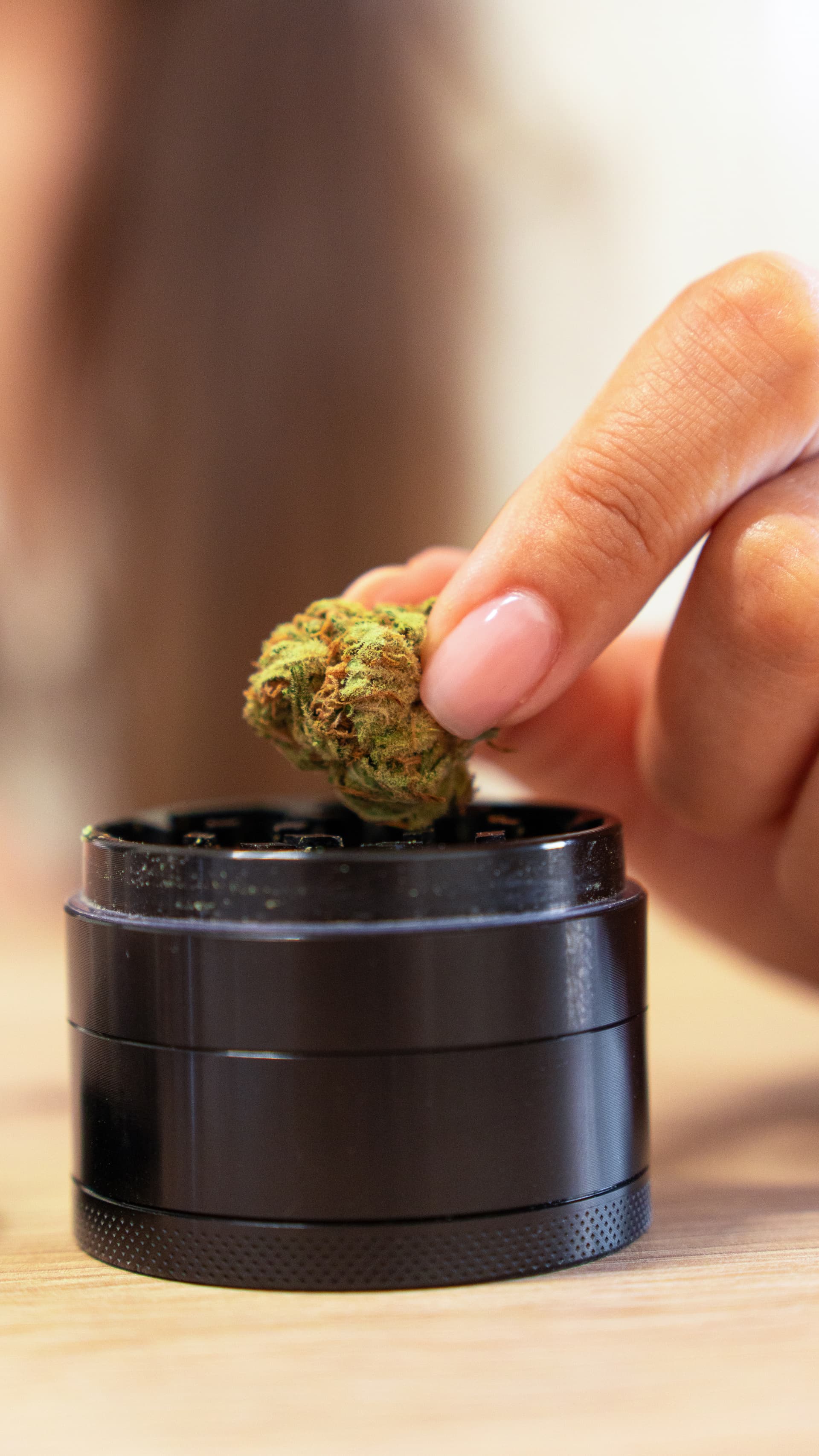 Close-up of a hand placing a dry herb bud into the diamond-shaped teeth of a black four-piece metal grinder on a wooden surface