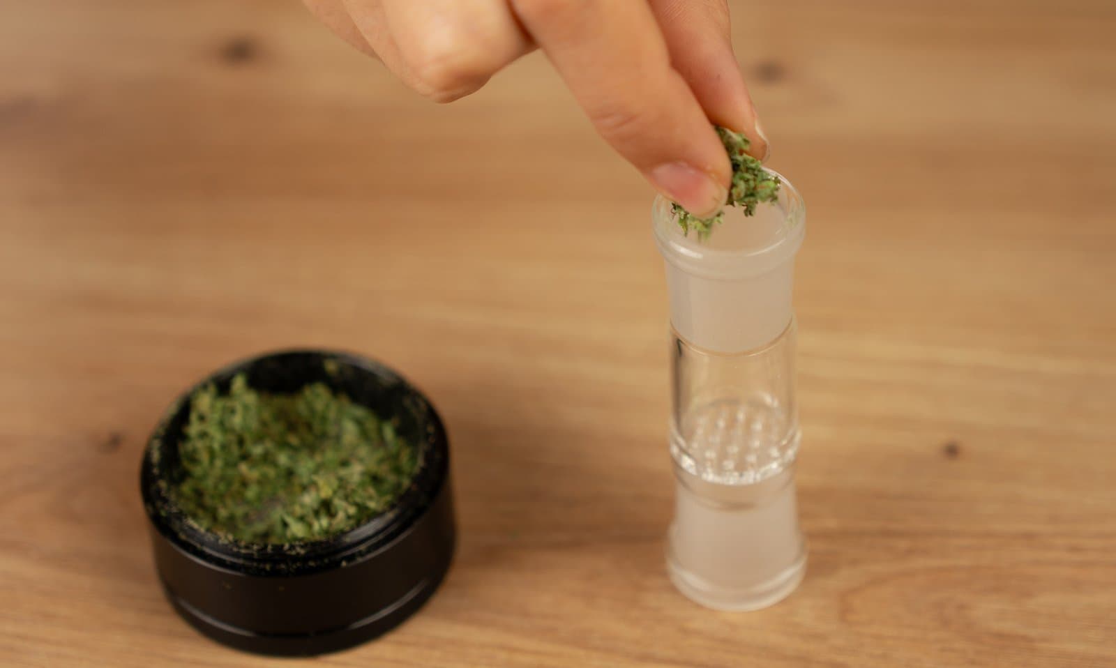 Loading ground cannabis into the glass connoisseur bowl beside an open grinder
