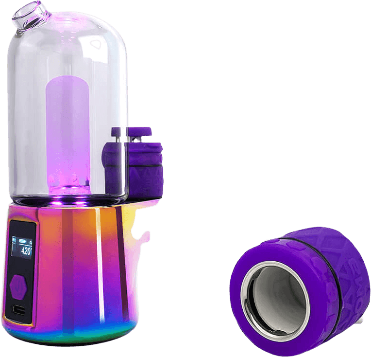 Bomb eRig Aerix feature callouts showing ceramic atomizer, rotatable carb cap, and 360-degree heating