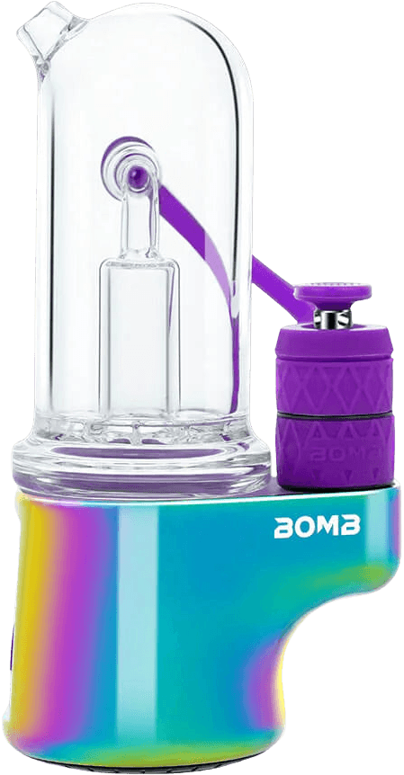 Bomb eRig Aerix rainbow base with purple airpath tube and glass attachment, angled view