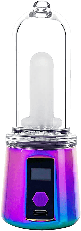 Bomb eRig Aerix rainbow colorway showing LCD screen and button interface on the base unit with glass dome attached