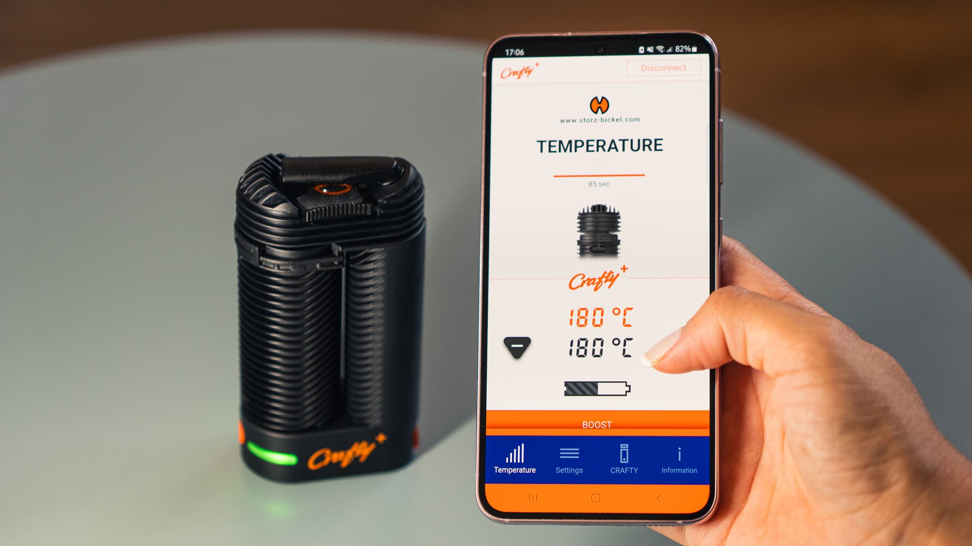 A smartphone running the Storz & Bickel app paired with a Crafty+ vaporizer, both showing the same set temperature