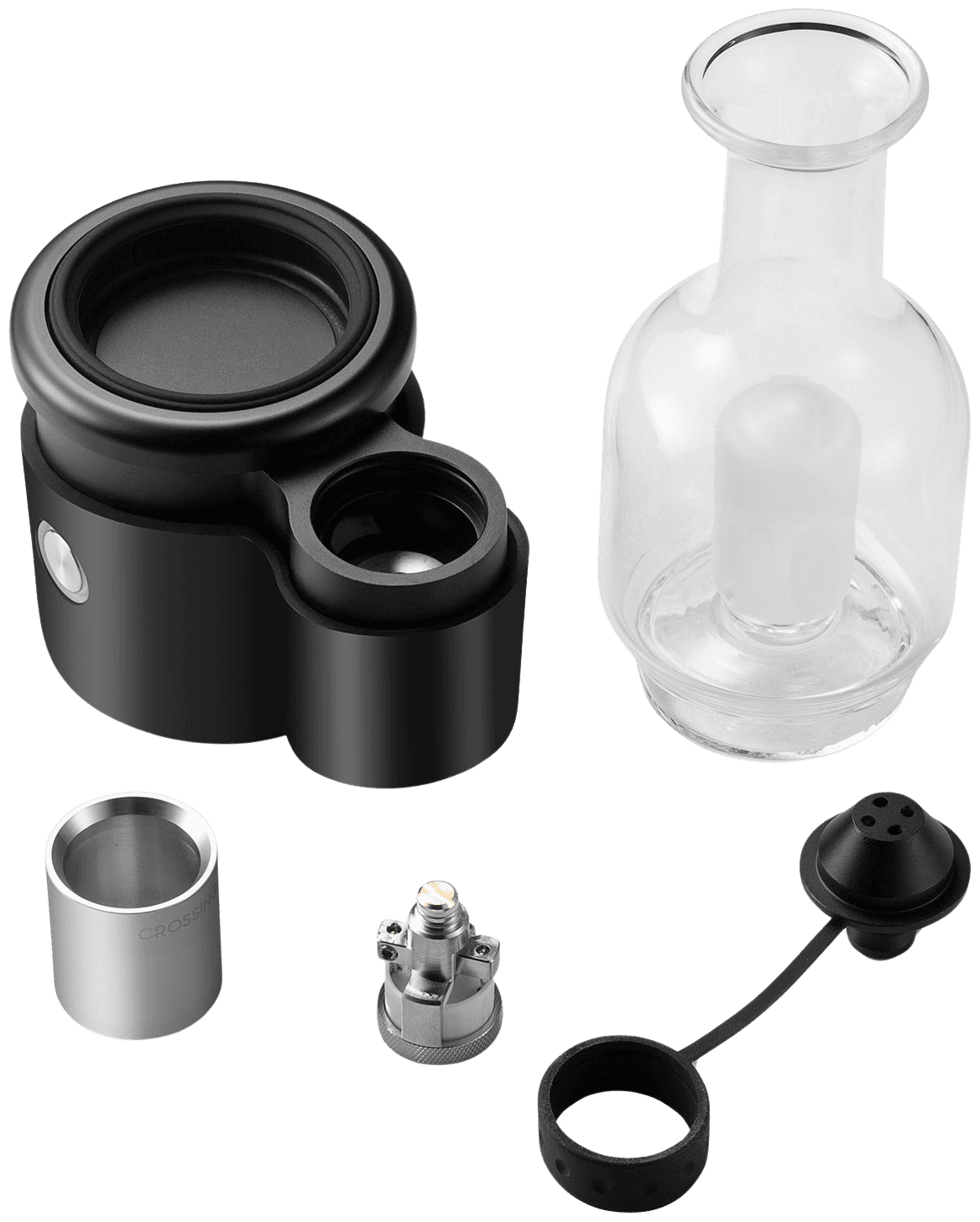 Crossing Core 2.0 atomizer disassembled showing rebuildable SiC cup, glass housing, and replacement parts
