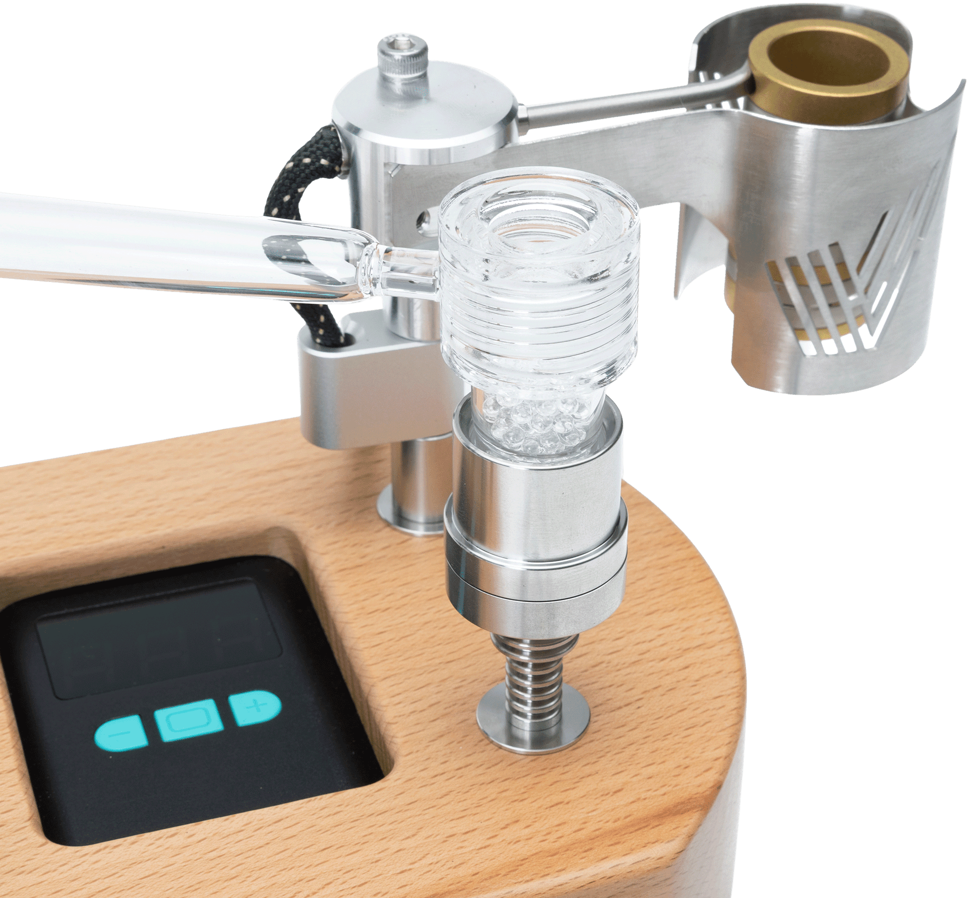 Close-up angle of Ditanium desktop vaporizer showing titanium heater assembly, quartz dab dish, glass wand connection, and bamboo housing with LED display