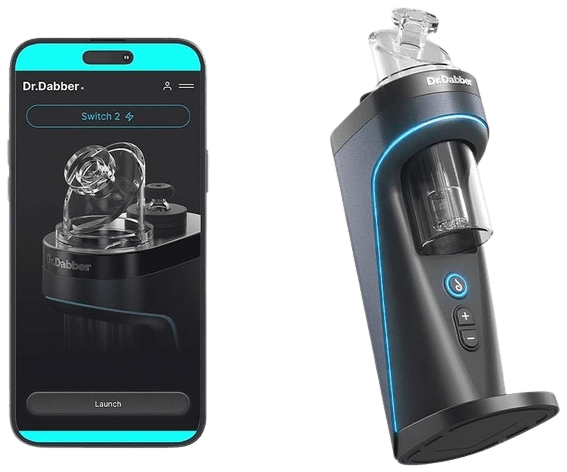 Verbindungsansicht der Dr. Dabber App auf einem Smartphone neben unserem Switch 2 Testexemplar mit aufgesetztem Glas-Perkolator