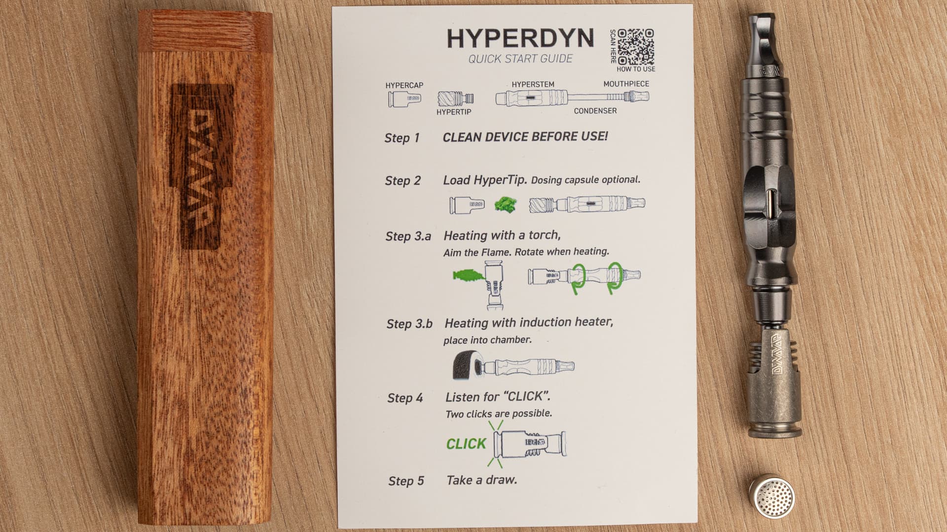 DynaVap HyperDyn Lieferumfang mit Holz-Stash-Case, Schnellstartanleitung und zusammengebautem Vaporizer