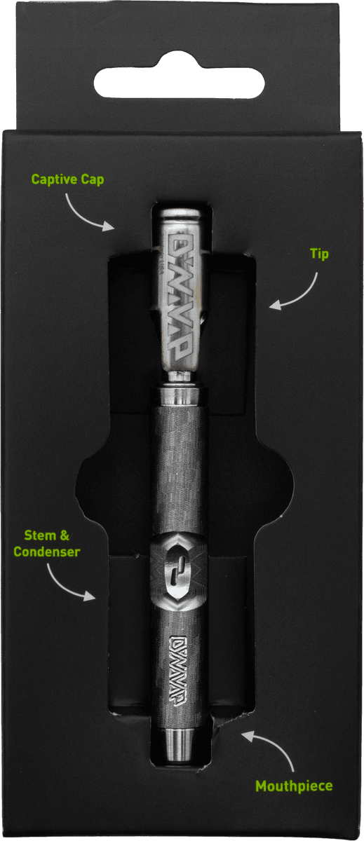 DynaVap M7 in open box with labeled component callouts showing cap, tip, stem and condenser