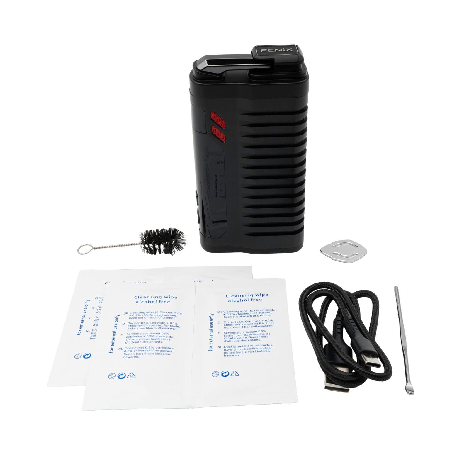 Black Fenix 2 MAX with brush, wipes, USB-C cable and tool laid out