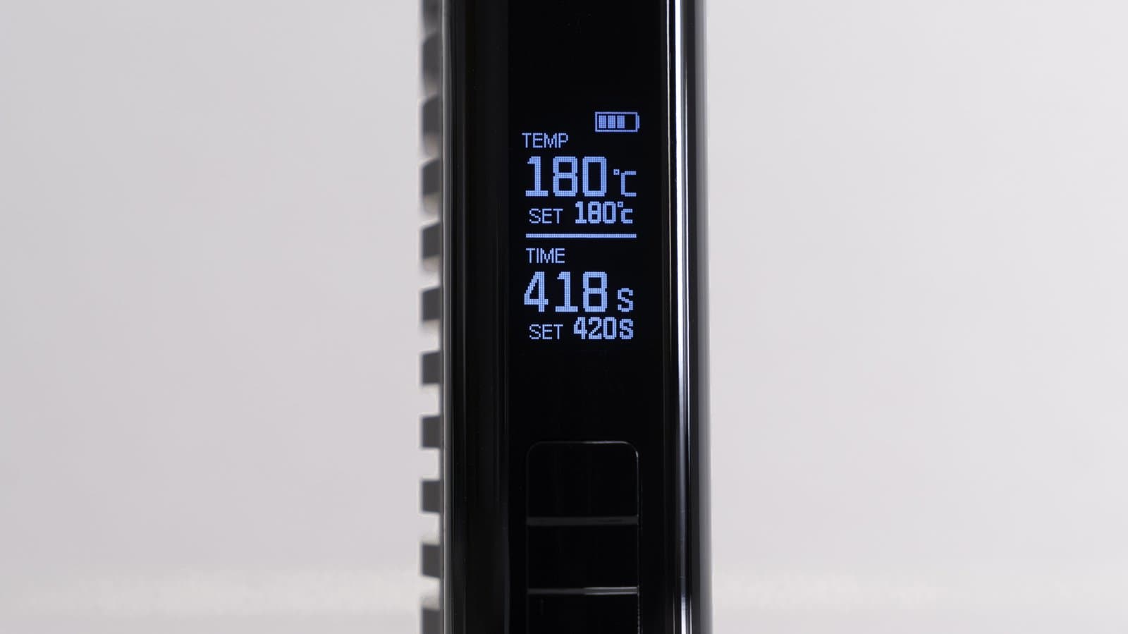 Display des Fenix 2 MAX mit 180°C (356°F) und 418 verbleibenden Sekunden einer 420-Sekunden-Session