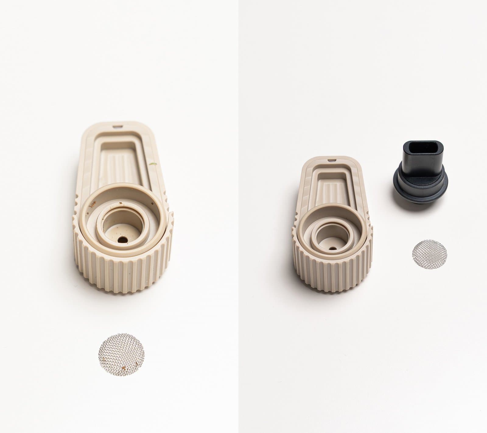 Frolic cooling unit housing and screen with residue on the left, and cleaned beside the mouthpiece on the right
