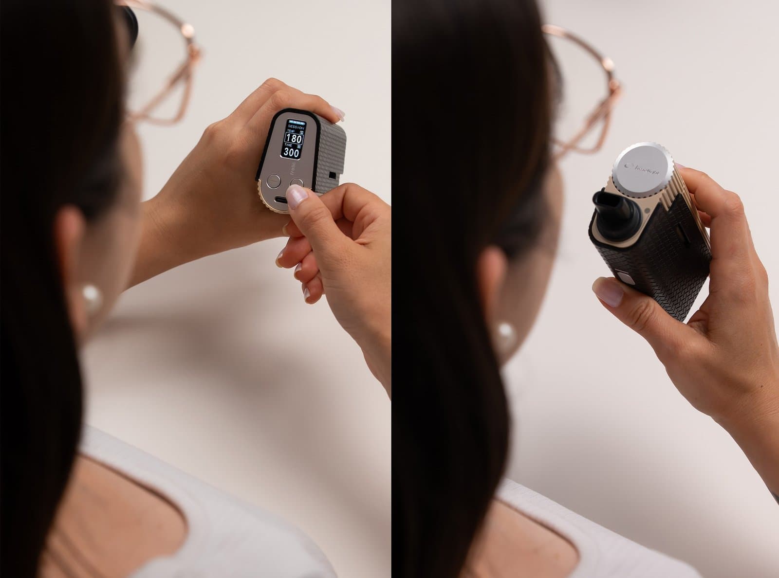 Two frames: setting the Frolic to 180°C in session mode on its base screen, then holding it mouthpiece-up to draw