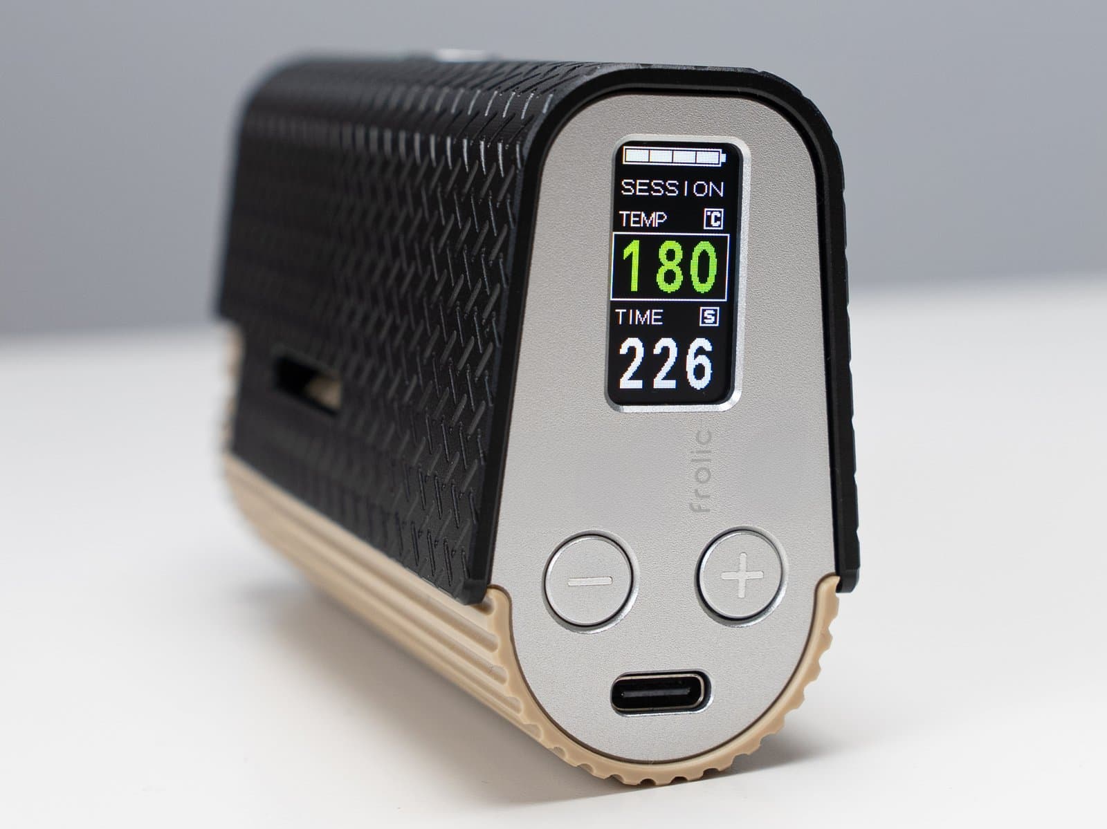 Frolic screen in session mode, showing 180°C in green with 226 seconds left on the timer