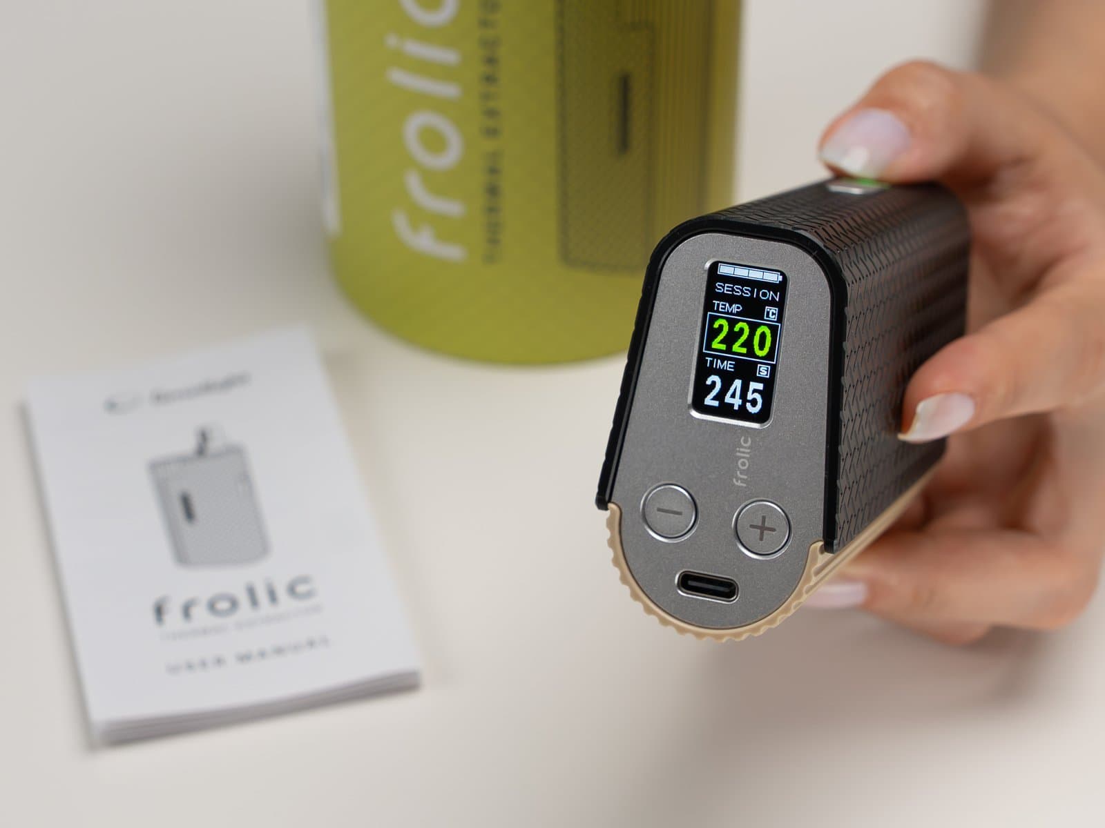 Frolic display showing 220°C in Session mode