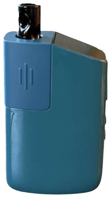 Fury 3 blue anodized aluminum body standing upright showing the compact form factor and mouthpiece area