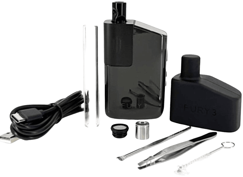 Fury 3 kit with glass cooling stem, USB-C cable, dosing capsule, tweezers, and silicone accessories laid out on a white background