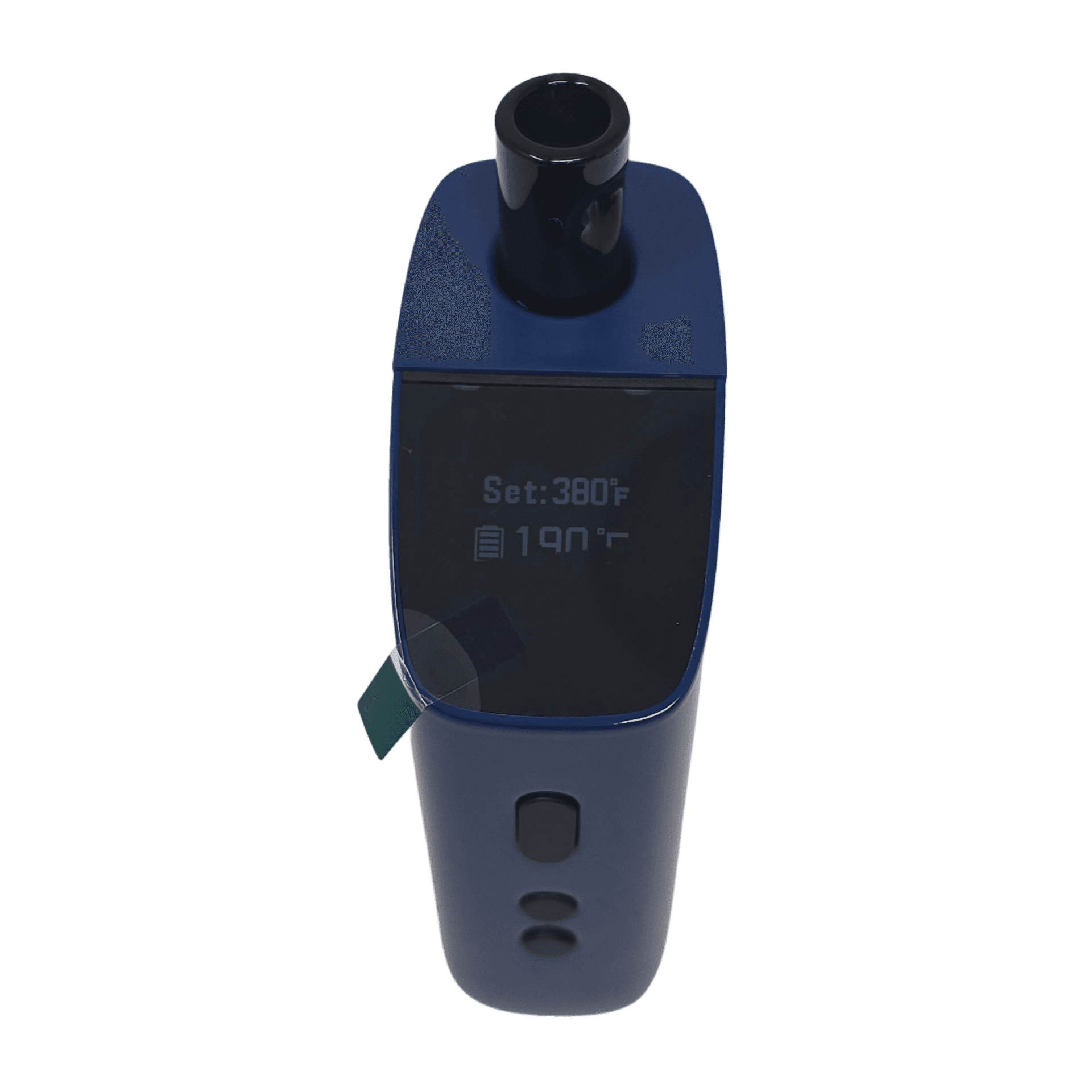 Blue Healthy Rips Rogue 2 showing OLED display with set temperature of 380°F and current temp reading