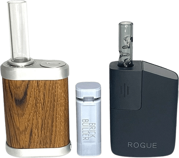 Healthy Rips Rogue 2 next to wood-bodied vaporizer with glass attachment showing size comparison