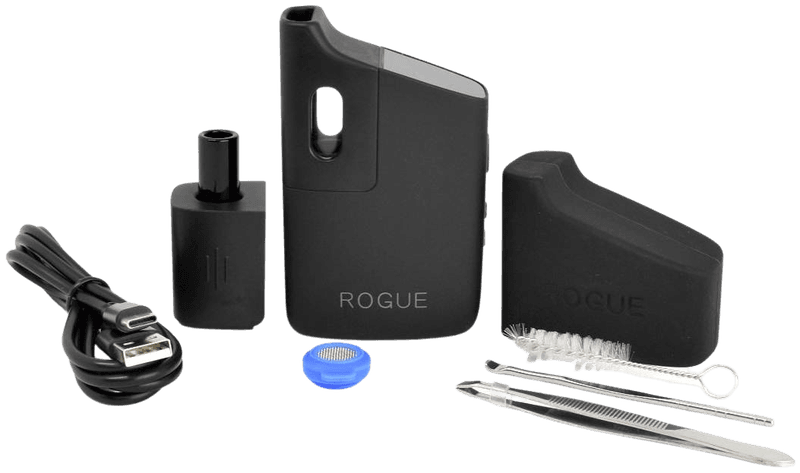 Healthy Rips Rogue kit layout with device, protective sleeve, USB cable, cleaning brush, and accessories