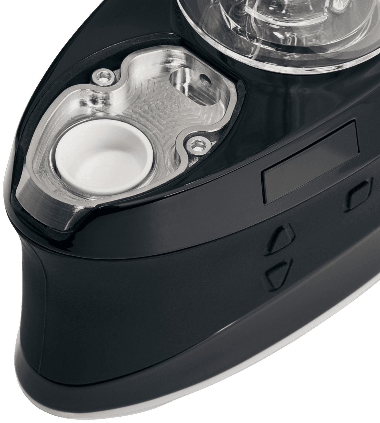 High Five DUO bowl insert close-up showing the quartz insert seated in the atomizer chamber with machined metal base and control buttons