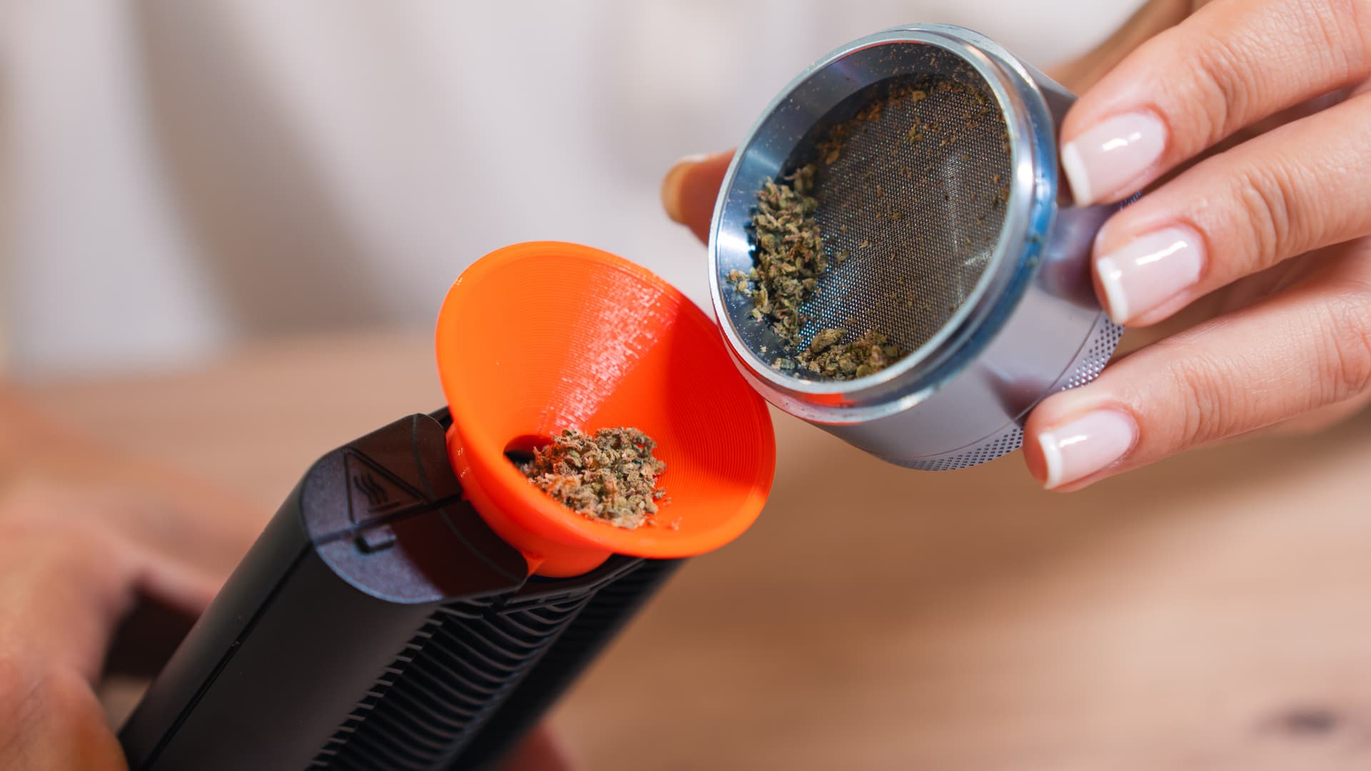 Gemahlenes Cannabis wird mit der orangefarbenen Einfüllhilfe in die Heizkammer des Mighty+ gefüllt, daneben ein Grinder