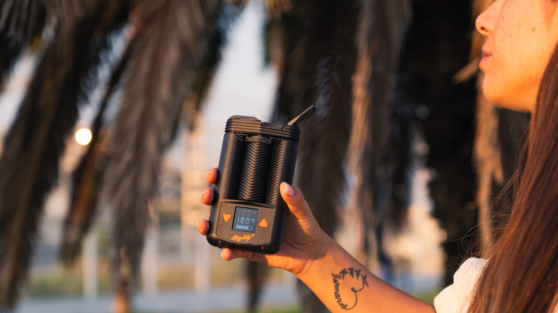 A portable vaporizer held in hand outdoors in natural daylight