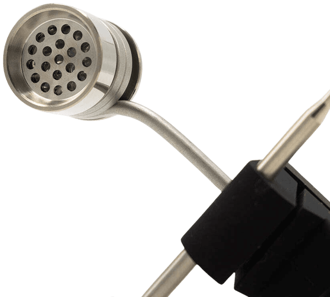 Close-up of the MiniNail Flower Wand titanium bowl attached to the wand arm, showing the ring of air intake holes