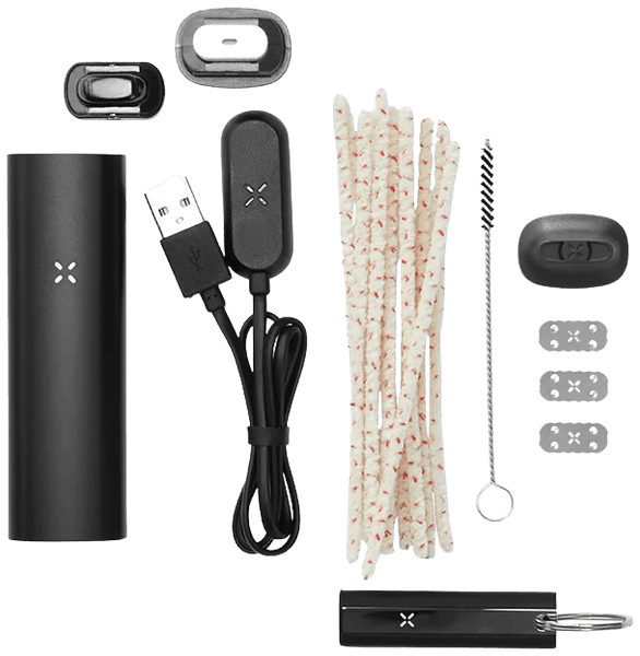 Black PAX 3 complete kit with charging cable, pipe cleaners, brush, oven lids, and accessories