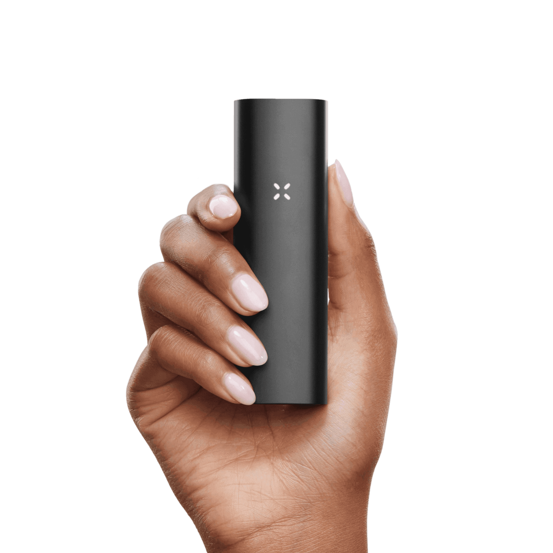 Black PAX 3 held in hand demonstrating its compact portable size