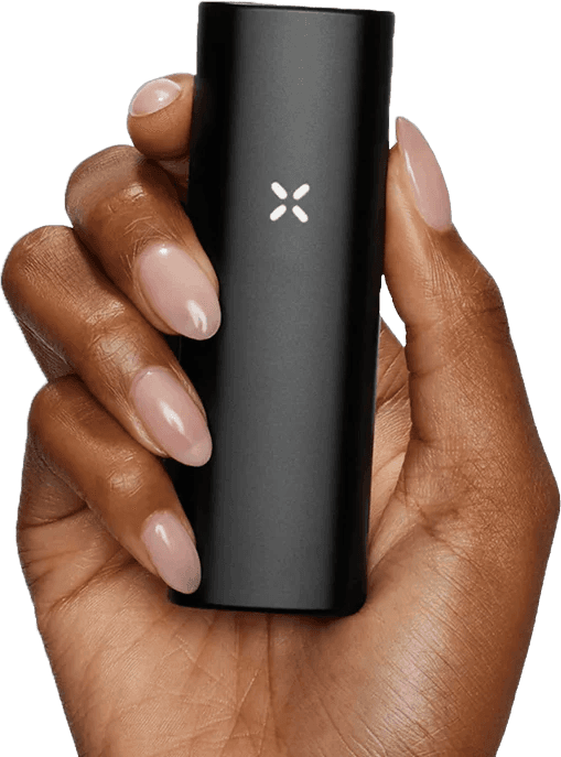 Black PAX 4 held in hand, its 108 mm slim body nearly disappearing in a closed grip