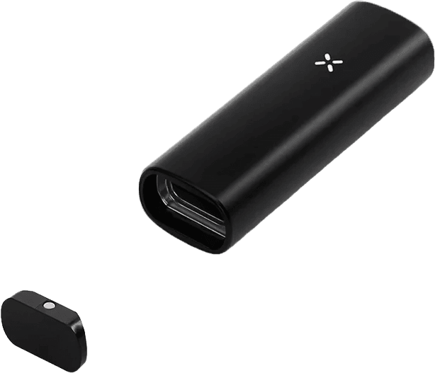 Black PAX 4 with magnetic end cap removed showing the funnel-shaped oven chamber loaded with ground cannabis