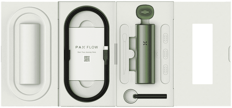 PAX Flow kit contents in packaging showing vaporizer, USB-C cable, and included accessories