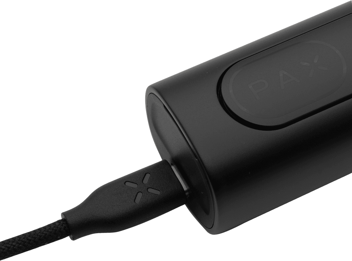 PAX Flow USB-C charging port close-up on the bottom of the vaporizer