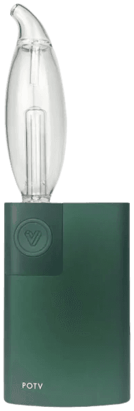 POTV Lobo in green with curved glass bubbler attachment showing one piece of the glass accessory ecosystem