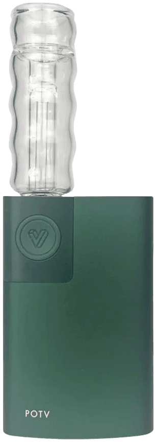 POTV Lobo in green with dimpled glass cooling stem inserted, showing the textured glass stem detail