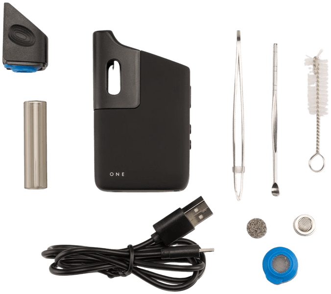 Complete POTV ONE kit contents laid out including the vaporizer, dimpled glass stem, dosing capsule, Micro-USB cable, cleaning brush, packing tool, and accessories
