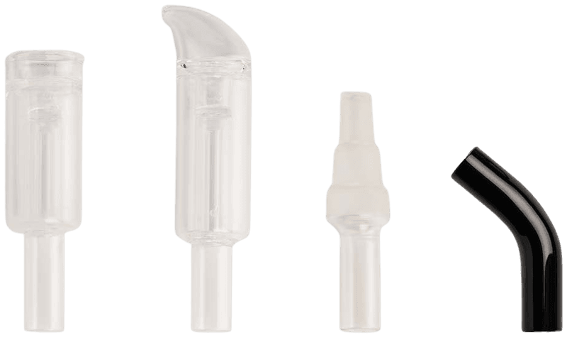 POTV ONE glass mouthpiece options lined up, including the mini bubbler, curved bubbler, water pipe adapter, and bent glass stem