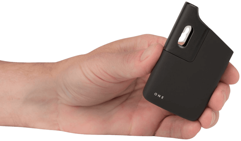 POTV ONE vaporizer held in hand, demonstrating its compact pocket-friendly size