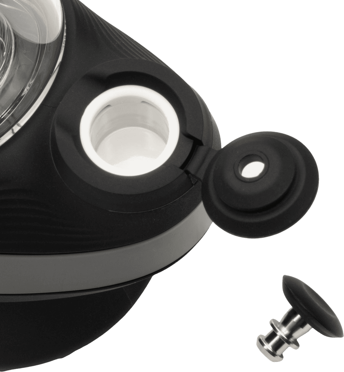 Puffco New Peak carb cap detached showing magnetic connector and ceramic chamber opening