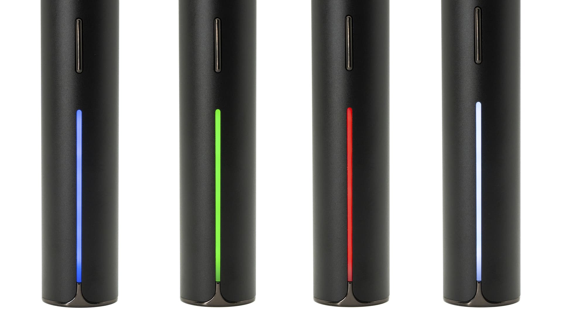 Four side-by-side views of the Puffco Pivot LED light bar showing all four temperature preset colors: blue (low), green (medium), red (high), and white (max)